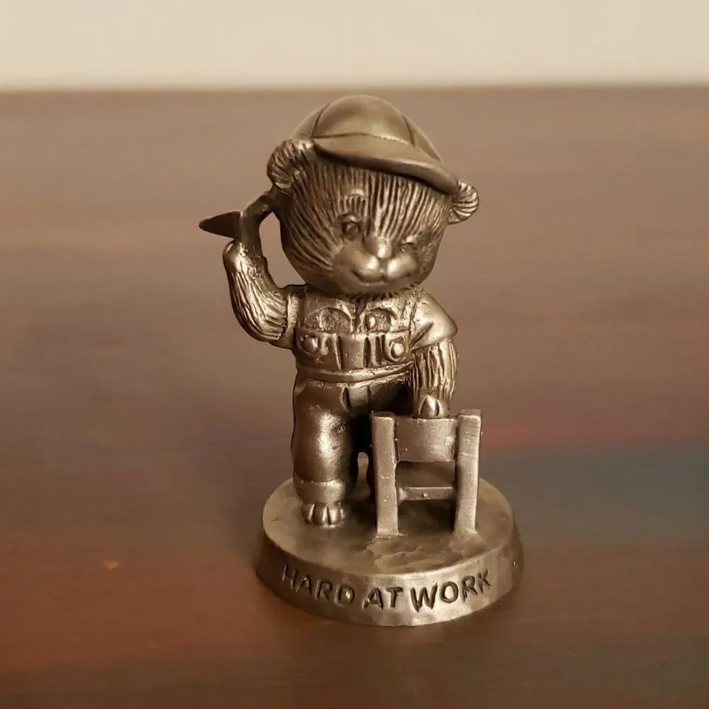 Vtg Avon "Hard at Work" Small Pewter Figurine Bear with Paper Airplane (1983)